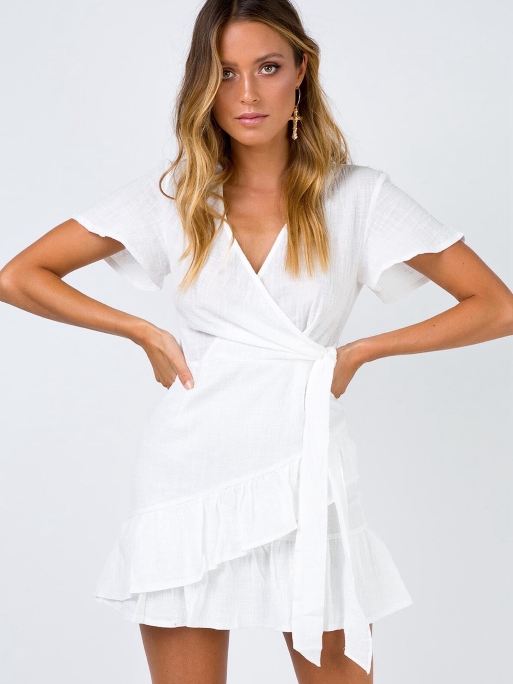 PRINCESS POLLY Women’s COMPANY FOR ONE WRAP DRESS WHITE Mini Dress Tiered Cotton